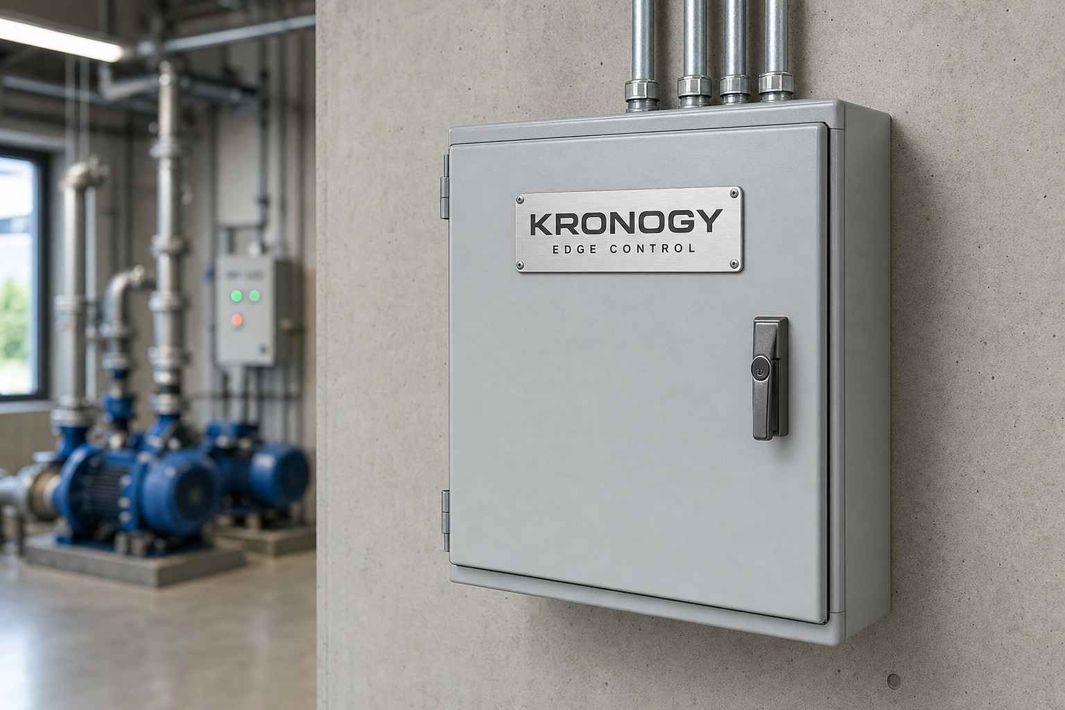 Kronogy Edge Control enclosure installed on a wall in a utility room with conduit connections