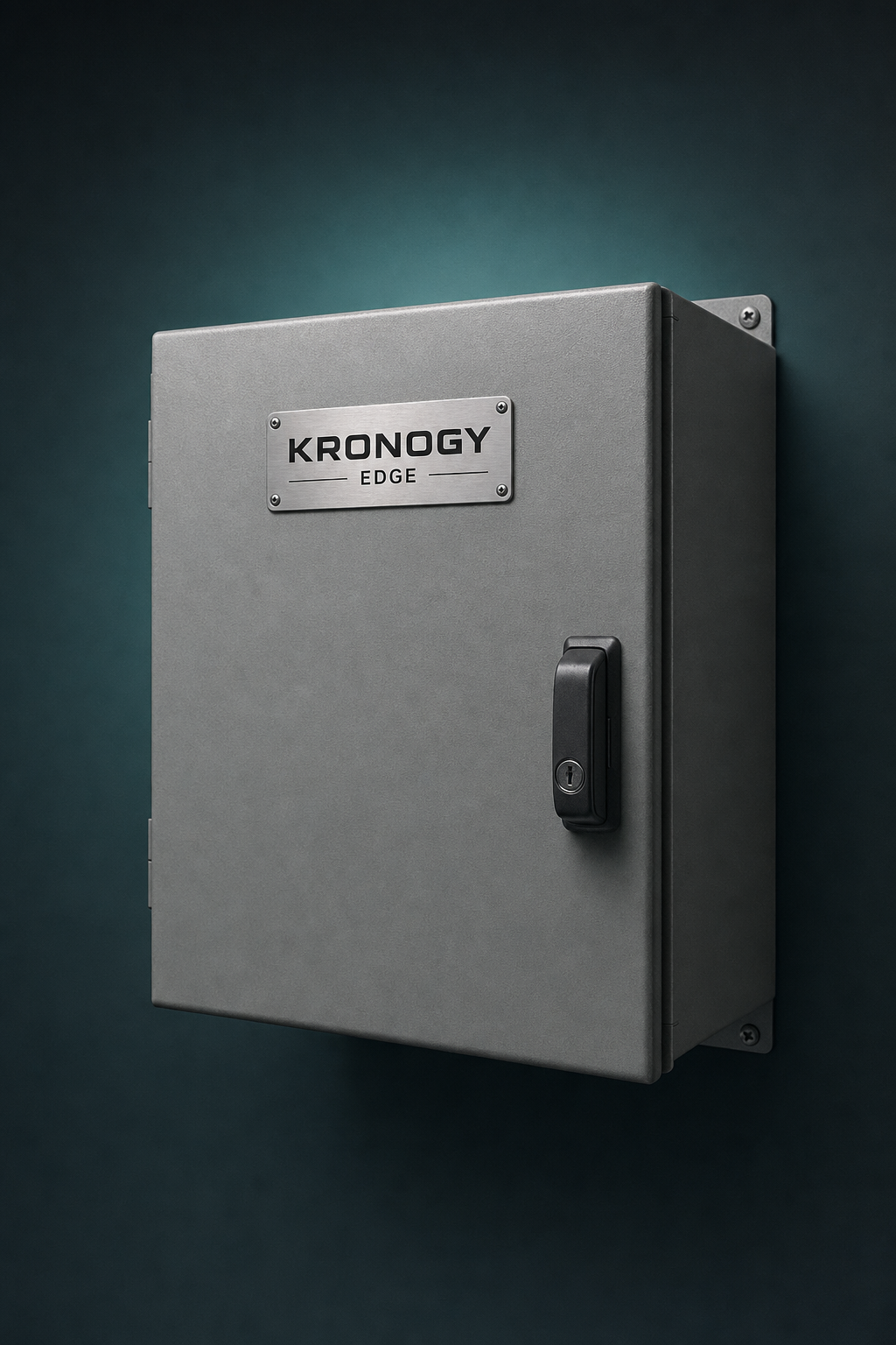 Kronogy Edge enclosure — gray NEMA industrial enclosure with engraved KRONOGY EDGE nameplate